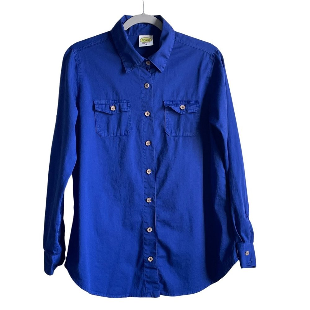4/$25 Drawstrings of Malibu Long Sleeve‎ Blue Cotton Shirt Travel Wear Women S